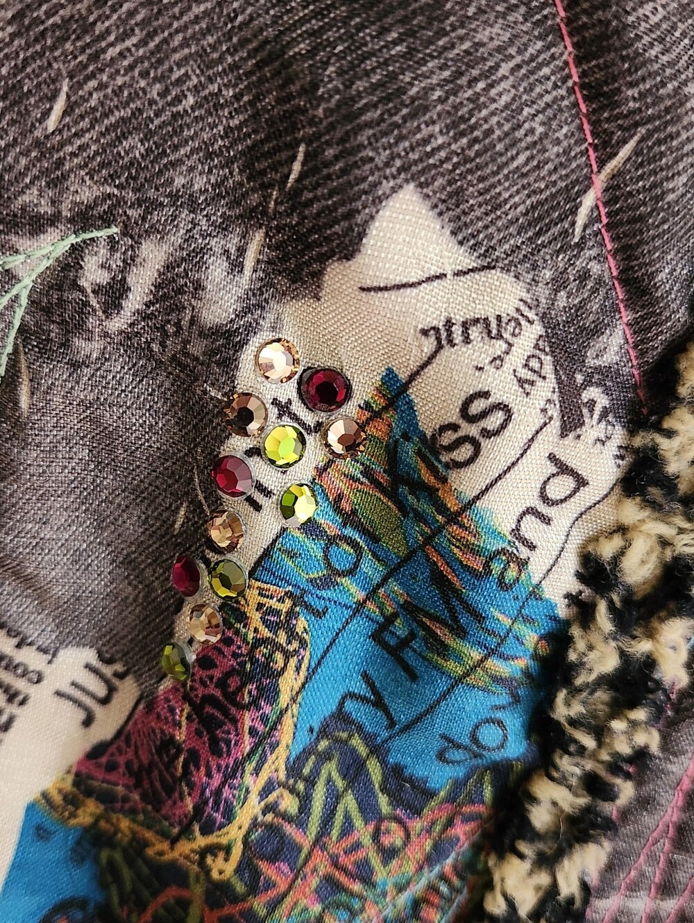 LOOK Grey Denim Look Newspaper Print Embellished Jacket - Picture 5 of 6